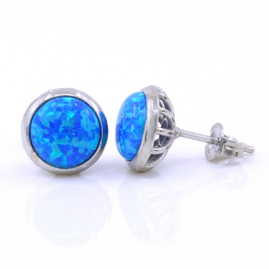 Cercei Rotund cu Blue Opal, argint 925 rodiat, 10mm