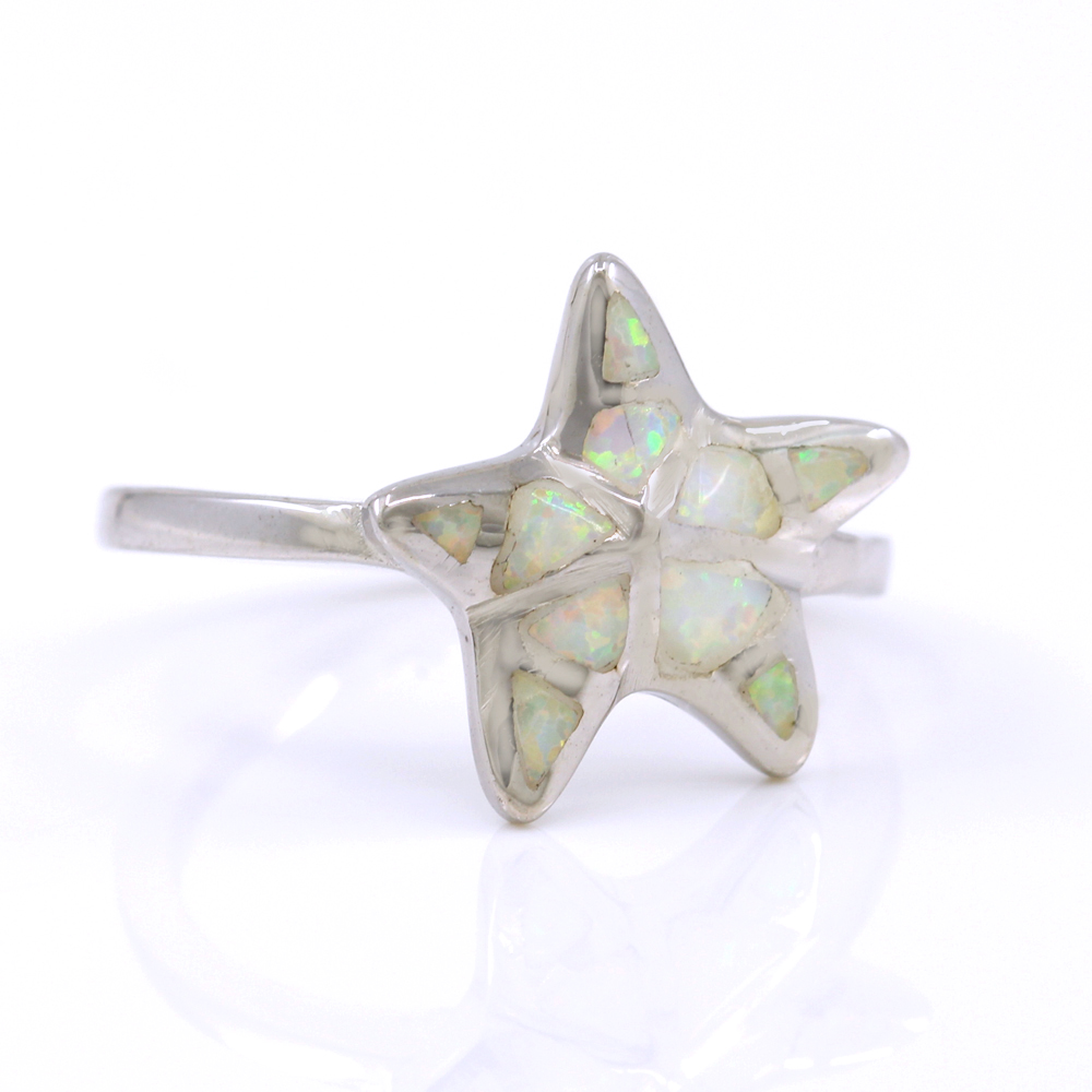 Starfish Ring (57) with White Opal in 925 Silver rhodium plated