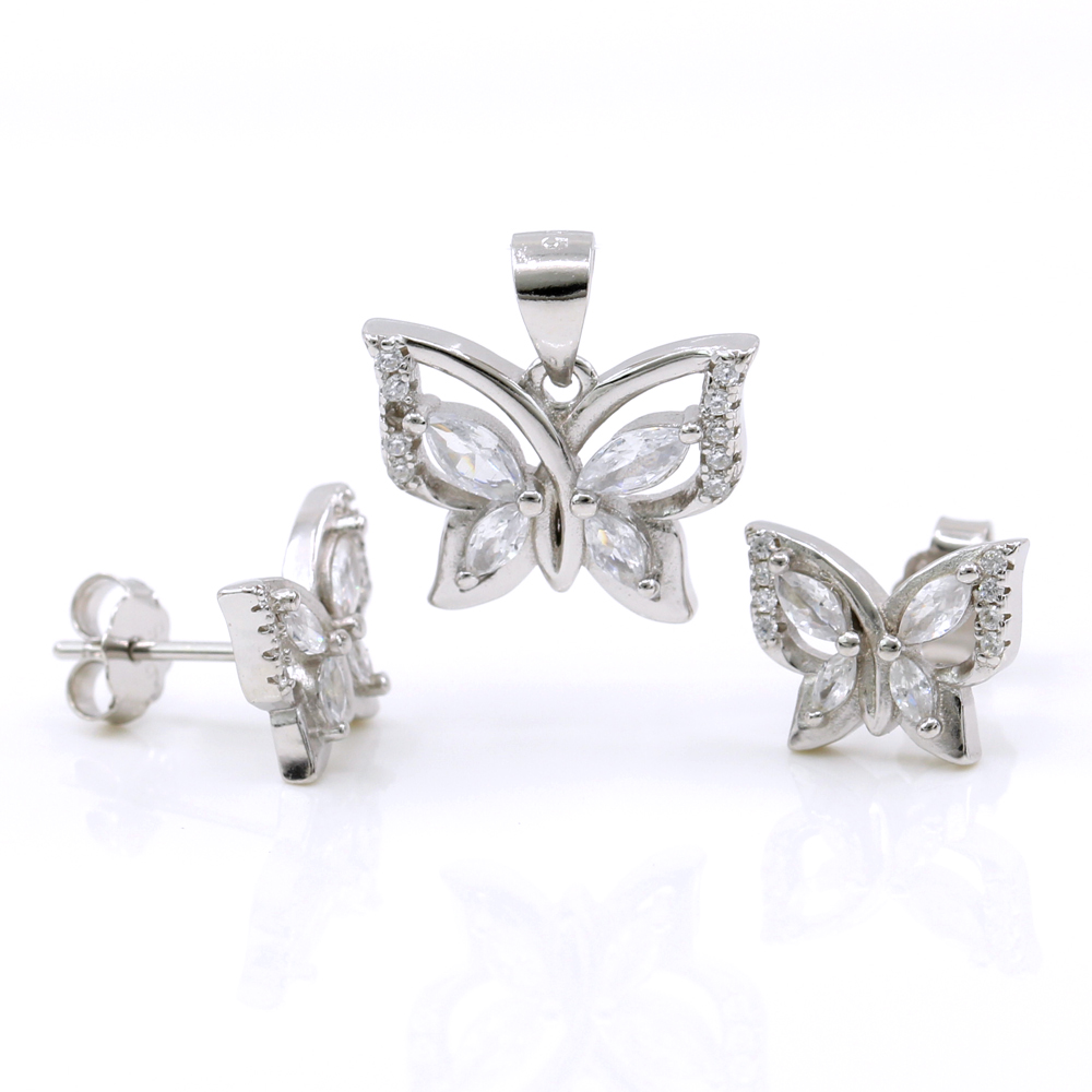 Set Fluture pandantiv si cercei cu cristale argint 925 rodiat