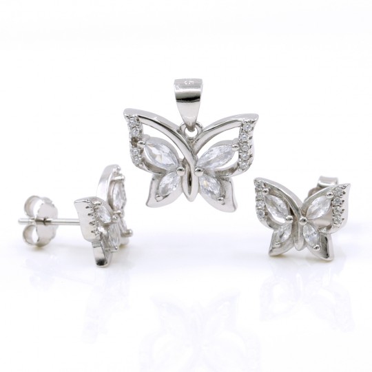 Set Fluture pandantiv si cercei cu cristale argint 925 rodiat