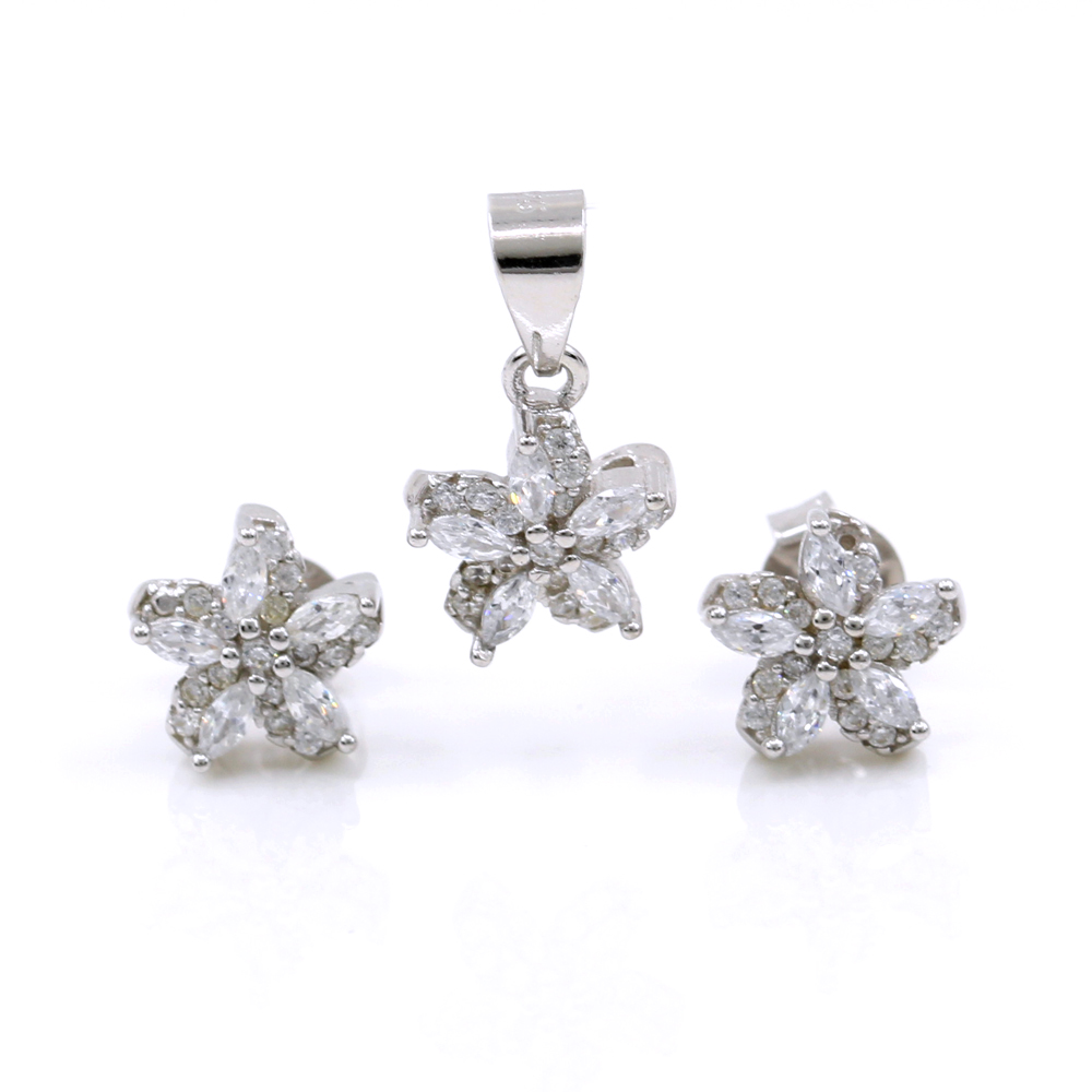 Set Floare, pandantiv si cercei cu cristale argint 925 rodiat