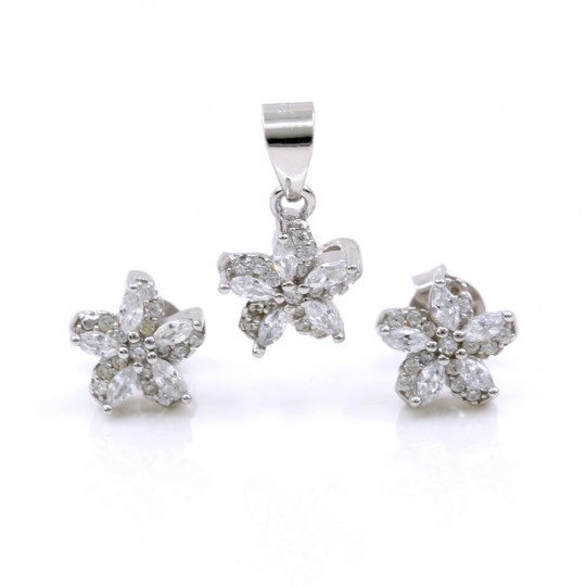 Set Floare, pandantiv si cercei cu cristale argint 925 rodiat