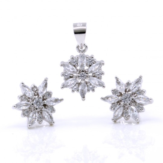 Set Floare de gheata, pandantiv si cercei cu cristale argint 925 rodiat