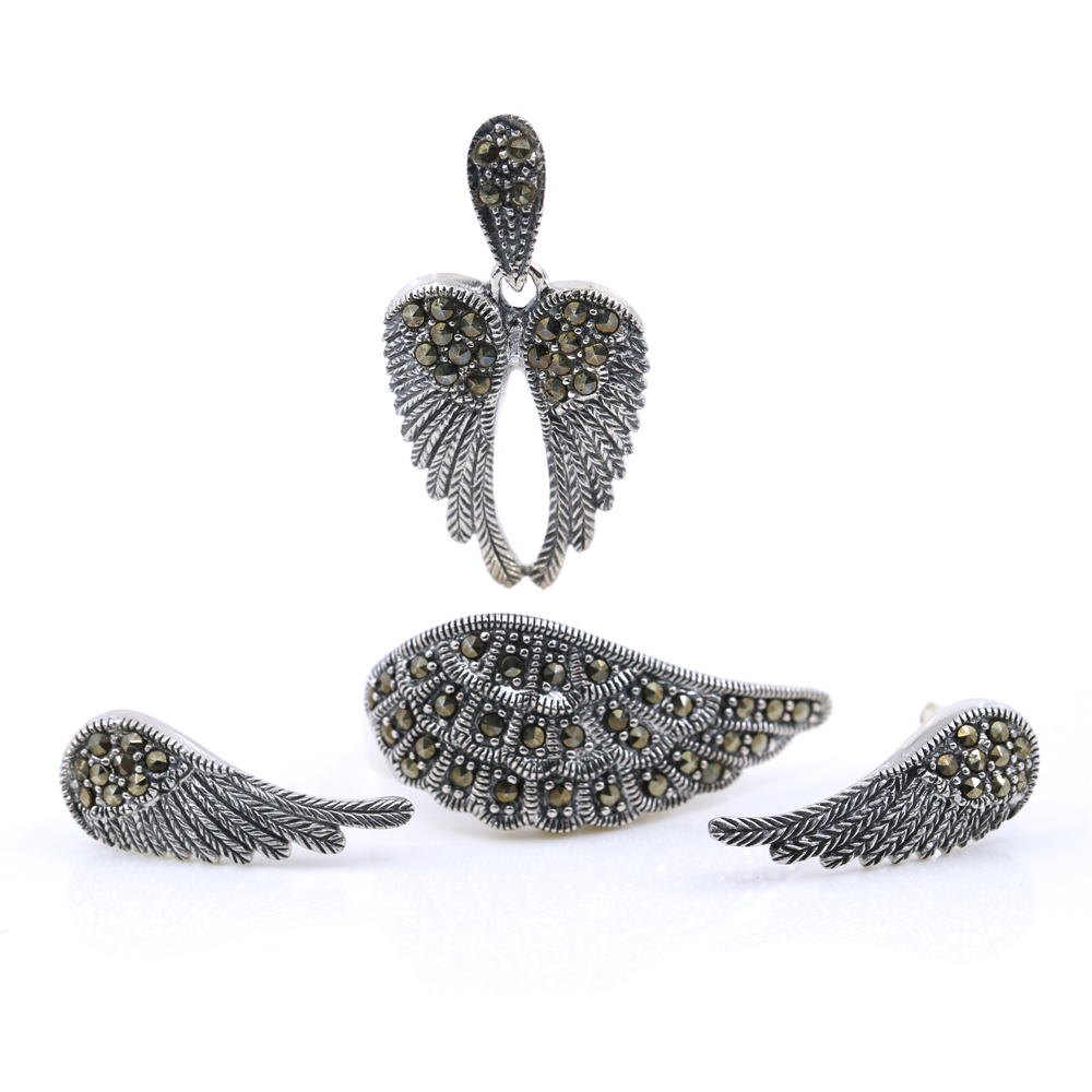 Set Aripi cu marcasite, cercei, inel (61), pandantiv, argint 925 rodiat