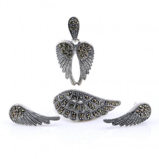 Set Aripi cu marcasite, cercei, inel (61), pandantiv, argint 925 rodiat