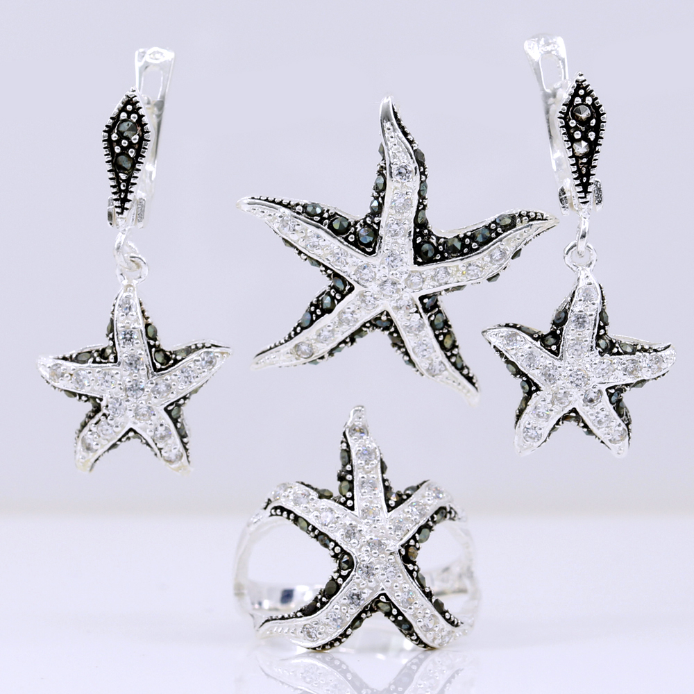 Set mireasa Stea de mare cu marcasite, cercei, inel (58), pandantiv, argint 925