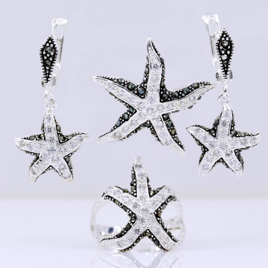 Set mireasa Stea de mare cu marcasite, cercei, inel (58), pandantiv, argint 925