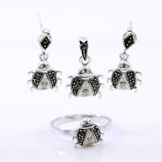 Set Buburuza de mare cu marcasite, cercei, inel (57), pandantiv, argint 925