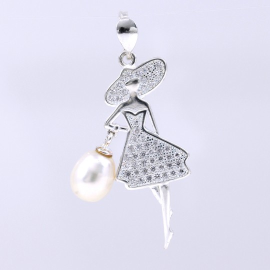 Ballerina Pendant with Cultured Pearl and Crystals, 925 Silver, 34.5mm