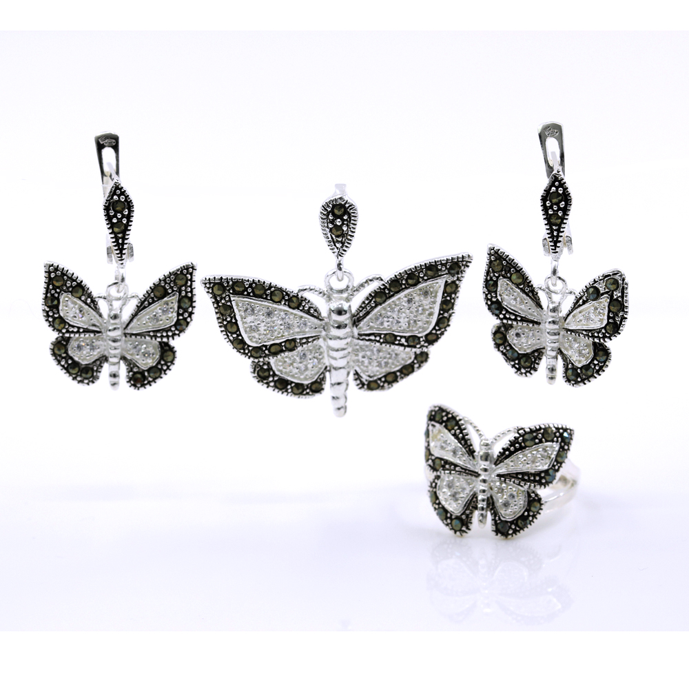 Set Fluture cu marcasite, cercei, inel (57), pandantiv, argint 925