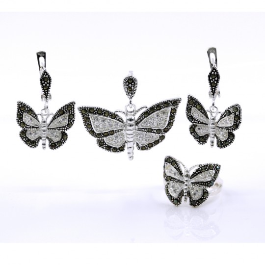 Set Fluture cu marcasite, cercei, inel (57), pandantiv, argint 925
