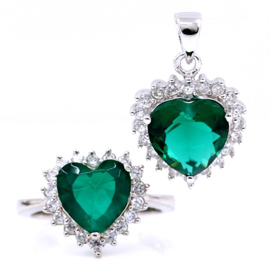 Set Inima, cercei, inel (58), argint 925 rodiat, verde emerald