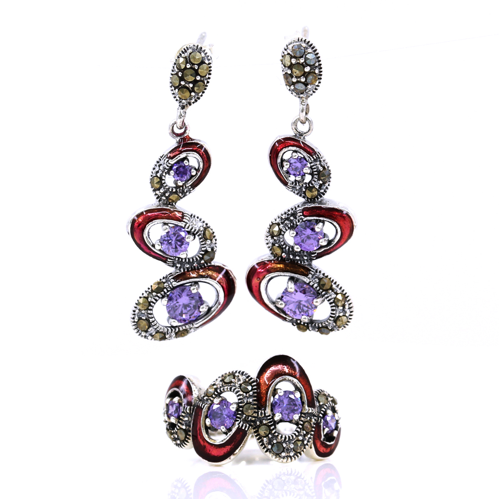 Set cu email si marcasite, cercei, inel (57), argint 925 rodiat