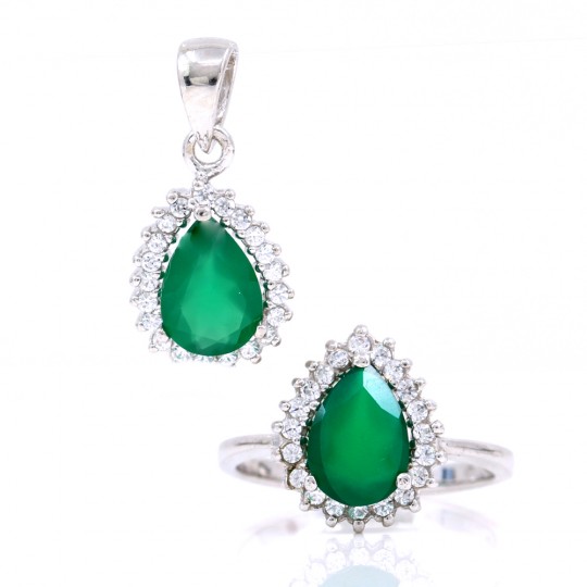 Set cu Agata verde si cristale, pandantiv si inel (57), argint 925 rodiat