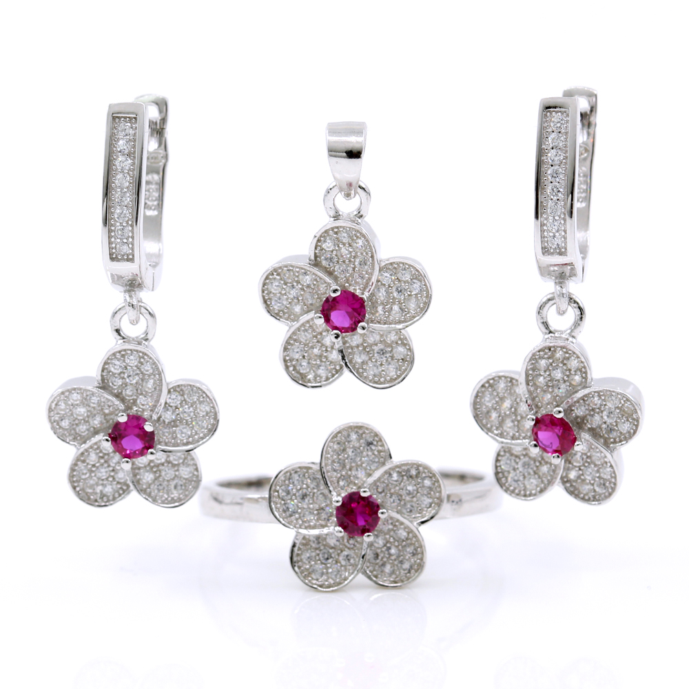 Set Floare, cercei, inel (58), pandantiv, argint 925 rodiat