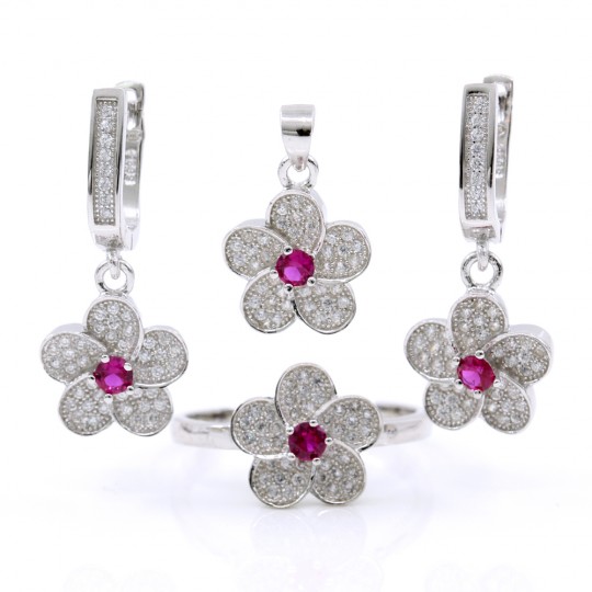 Set Floare, cercei, inel (58), pandantiv, argint 925 rodiat