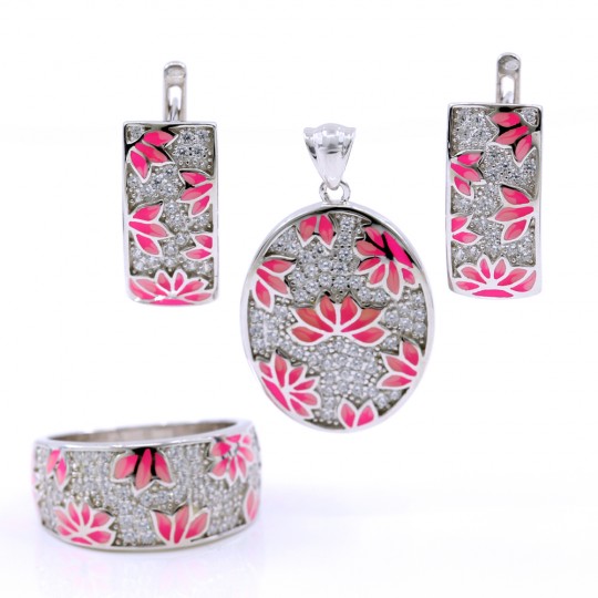 Set Amazing Pink cercei, inel (56), pandantiv, argint 925 rodiat