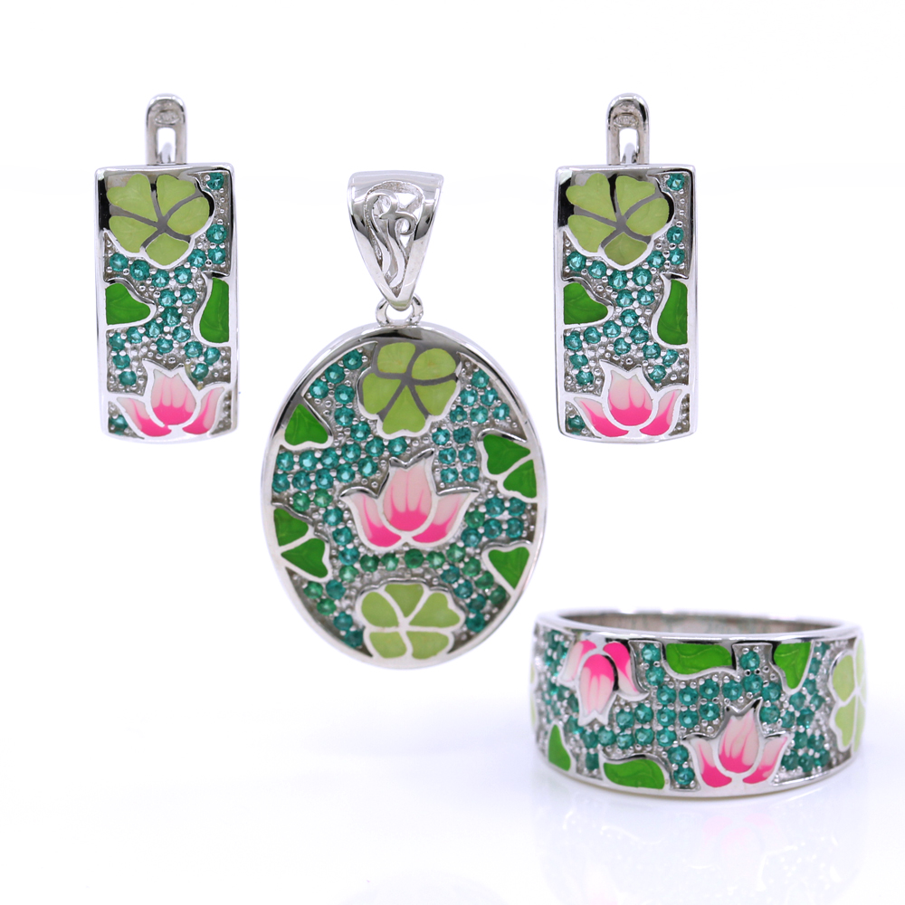 Set Pink lotus cercei, inel (56), pandantiv, argint 925 rodiat