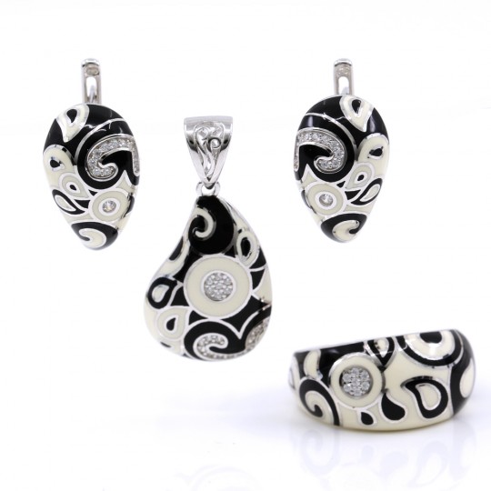 Set Fancy drop cercei, inel (60), pandantiv, argint 925 rodiat