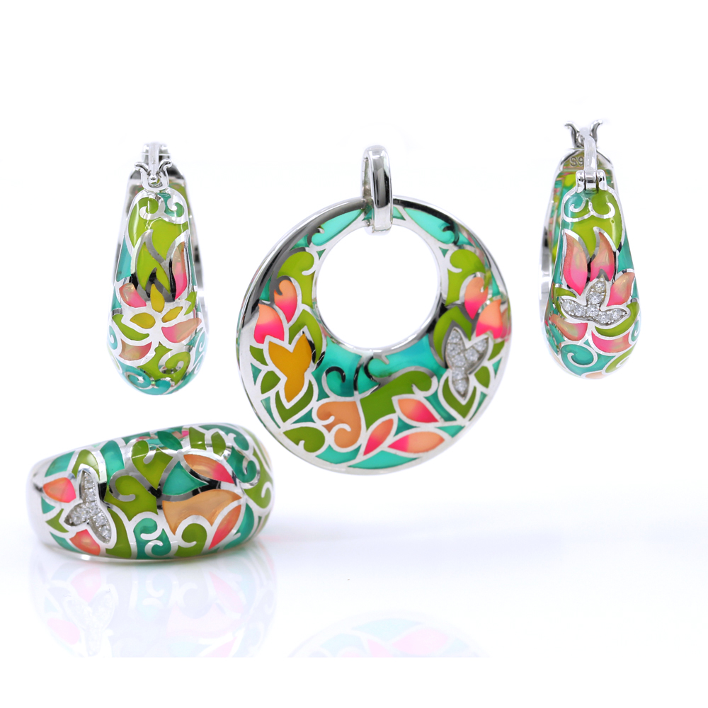 Set Flores cercei, inel (58), pandantiv, argint 925 rodiat
