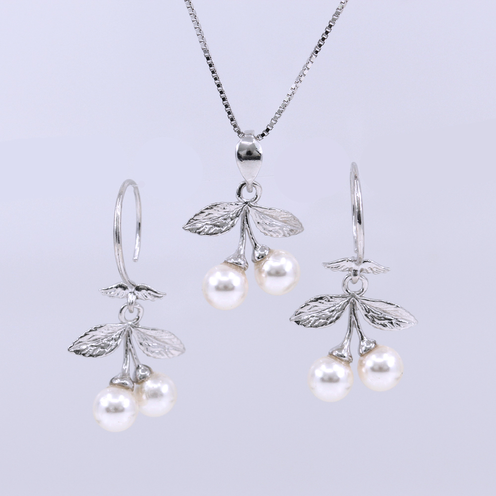 Set Cherry cu perle Swarovski white, cercei, lant, pandantiv, argint 925 rodiat