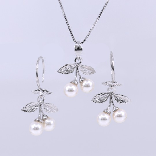 Set Cherry cu perle Swarovski white, cercei, lant, pandantiv, argint 925 rodiat