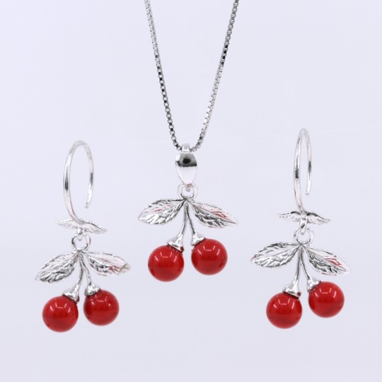 Set Cherry cu perle Swarovski red coral, cercei, lant, pandantiv, argint 925 rodiat