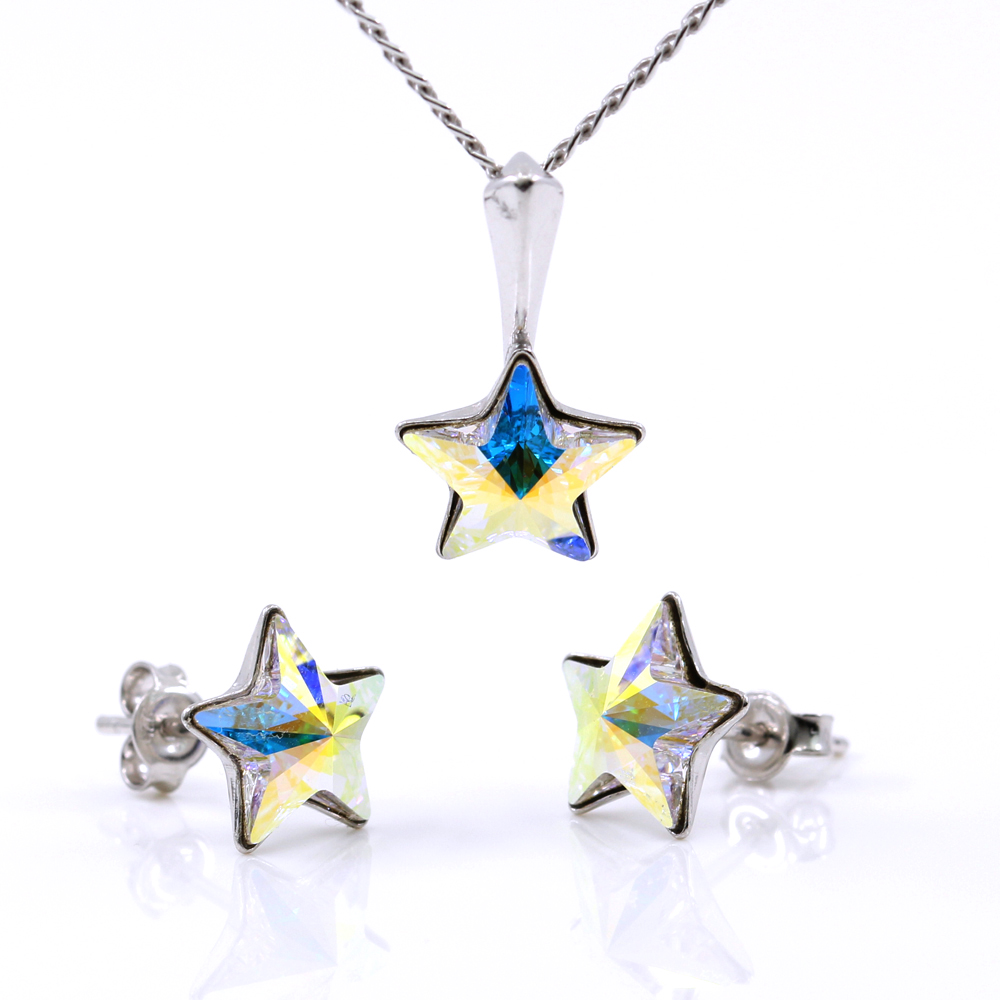 Set Star cu cristale Swarovski Aurore Boreale, cercei, lant, pandantiv, argint 925 rodiat