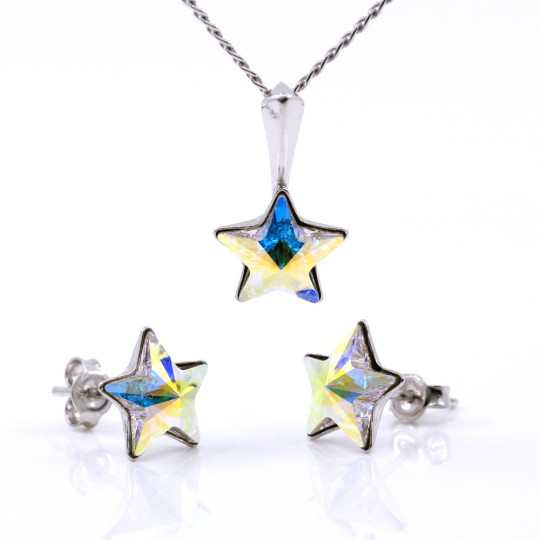 Set Star cu cristale Swarovski Aurore Boreale, cercei, lant, pandantiv, argint 925 rodiat