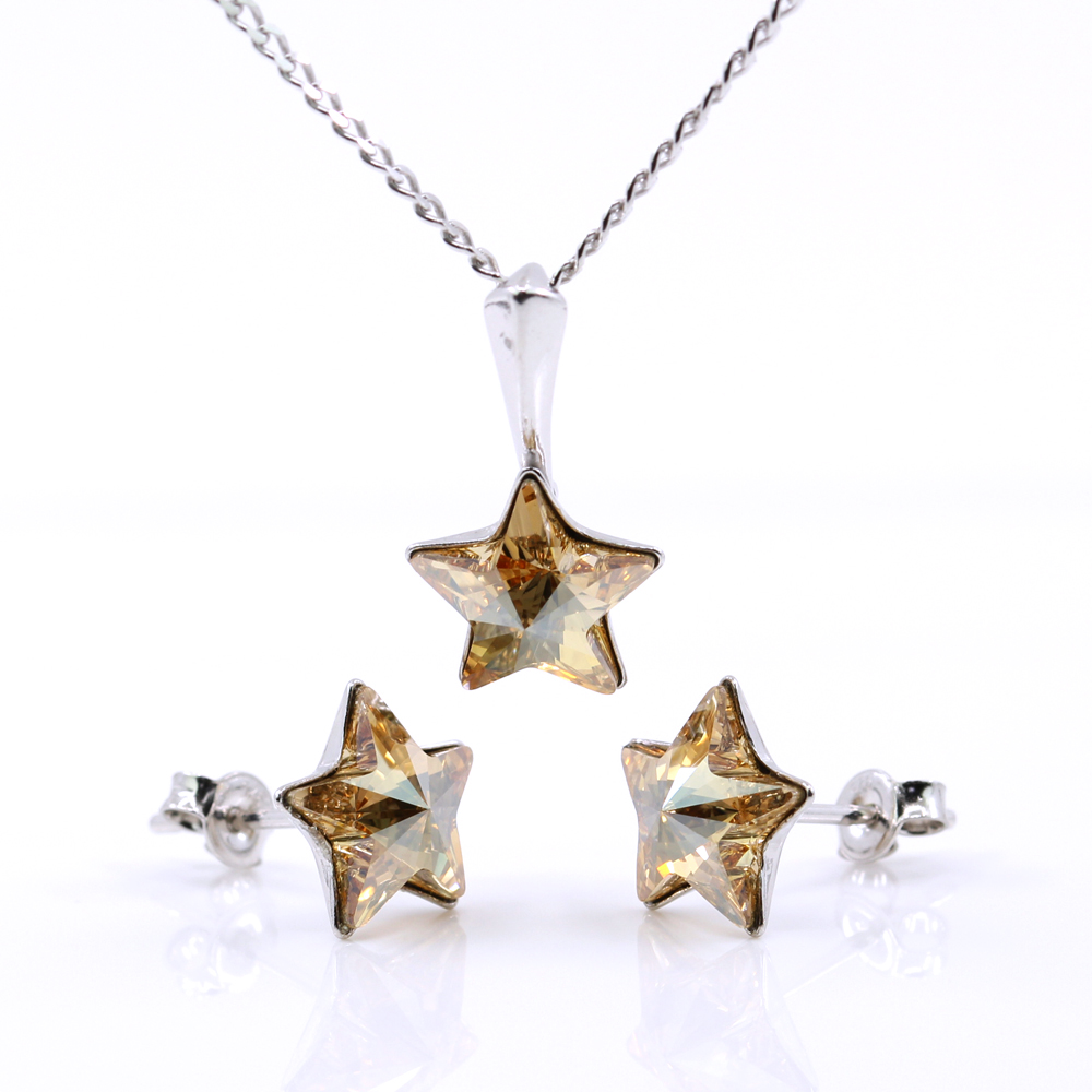 Set Star cu cristale Swarovski Golden Shadow, cercei, lant, pandantiv, argint 925 rodiat