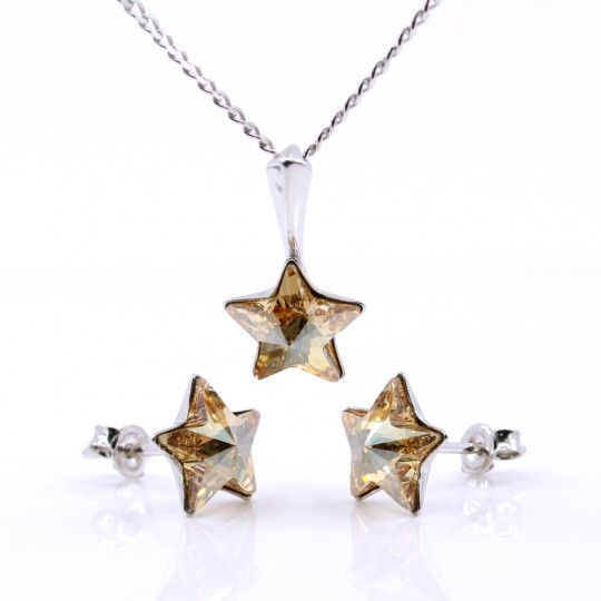 Set Star cu cristale Swarovski Golden Shadow, cercei, lant, pandantiv, argint 925 rodiat