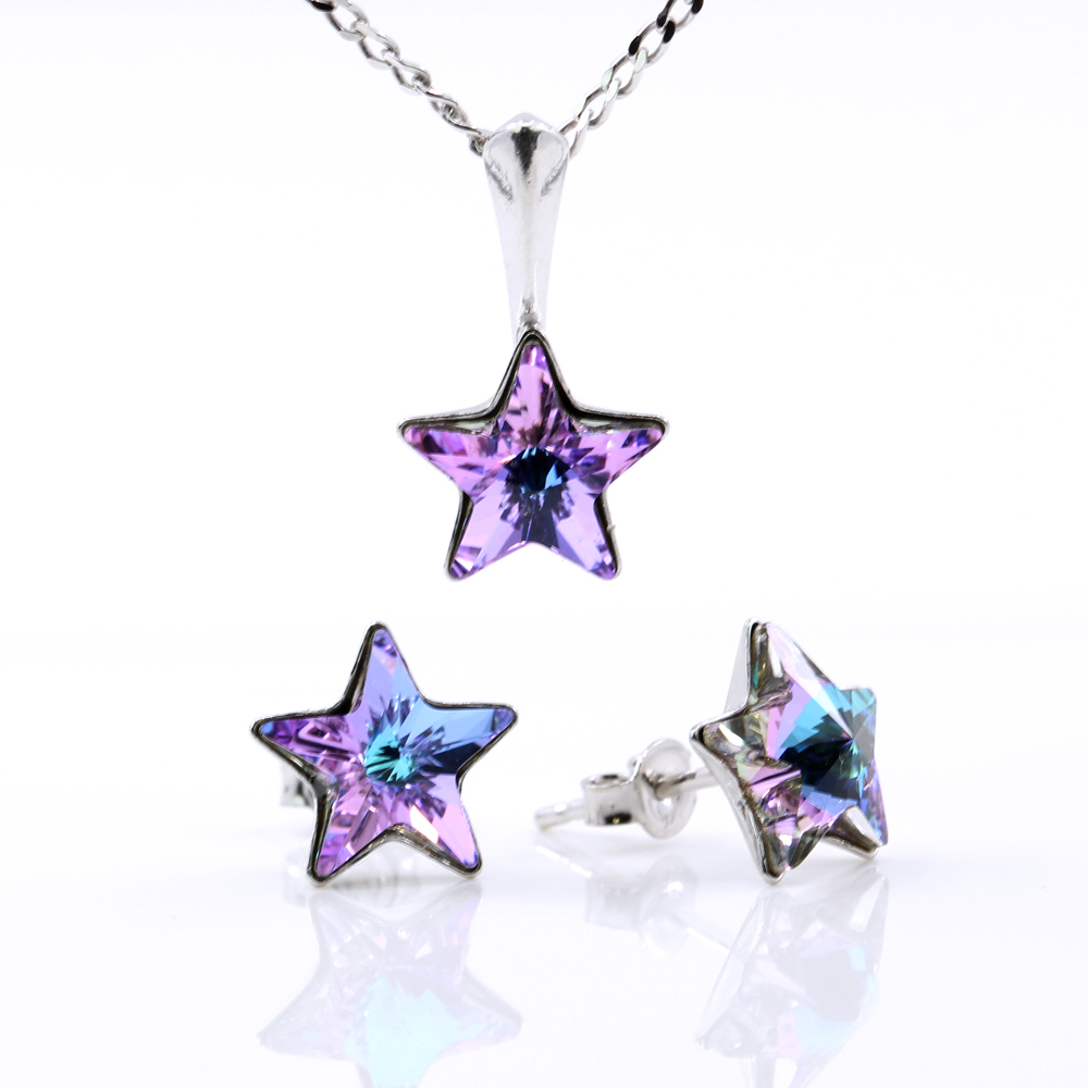 Set Star cu cristale Swarovski Vitrail Light, cercei, lant, pandantiv, argint 925 rodiat
