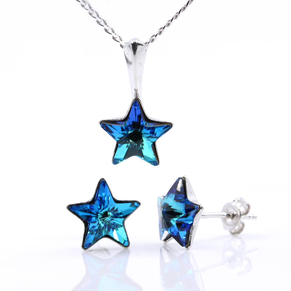 Set Star cu cristale Swarovski Bermuda Blue, cercei, lant, pandantiv, argint 925 rodiat