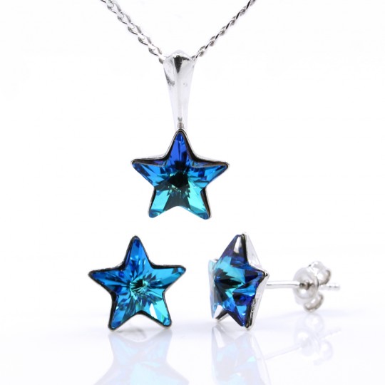 Set Star cu cristale Swarovski Bermuda Blue, cercei, lant, pandantiv, argint 925 rodiat