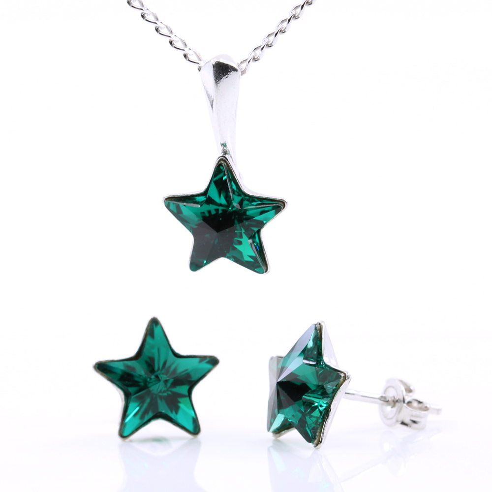 Set Star cu cristale Swarovski Emerald, cercei, lant, pandantiv, argint 925 rodiat