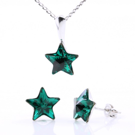 Set Star cu cristale Swarovski Emerald, cercei, lant, pandantiv, argint 925 rodiat