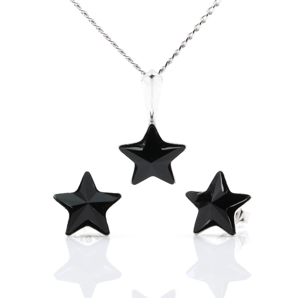 Set Star cu cristale Swarovski Jet, cercei, lant, pandantiv, argint 925 rodiat