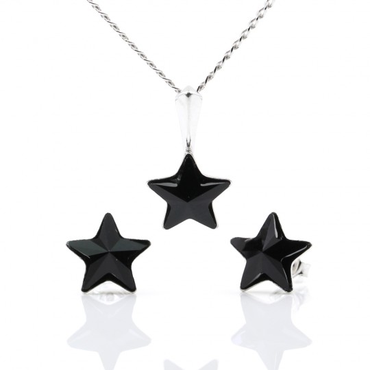 Set Star cu cristale Swarovski Jet, cercei, lant, pandantiv, argint 925 rodiat