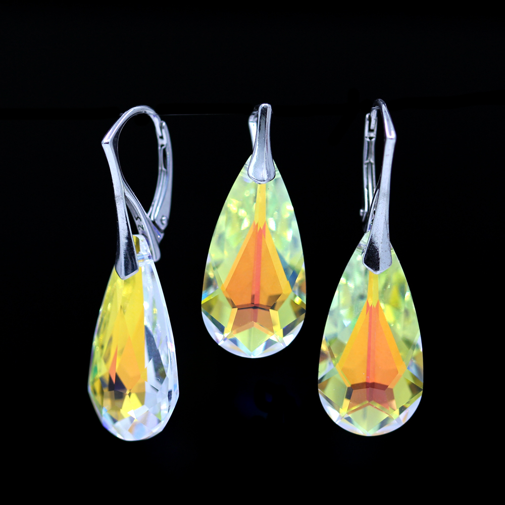 Set Fancy drop cu cristale Swarovski Aurore Boreale, cercei, pandantiv, argint 925 rodiat