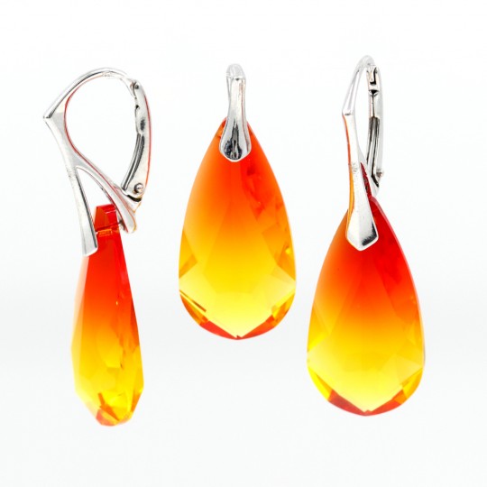 Set Fancy drop cu cristale Swarovski Fireopal, cercei, pandantiv, argint 925 rodiat