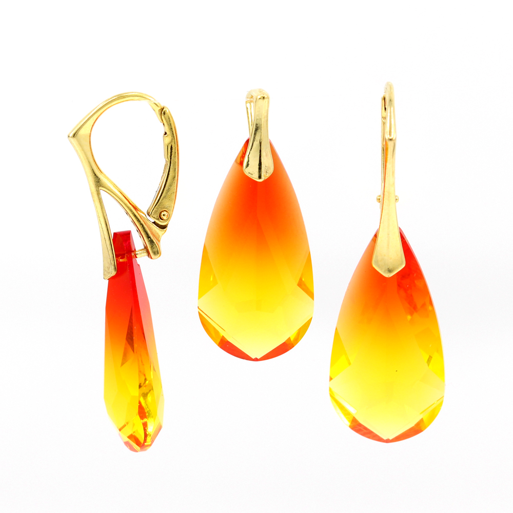 Set Fancy drop cu cristale Swarovski Fireopal, cercei, pandantiv, argint 925 placat cu aur de 24k