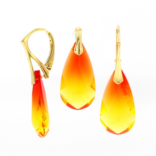 Set Fancy drop cu cristale Swarovski Fireopal, cercei, pandantiv, argint 925 placat cu aur de 24k
