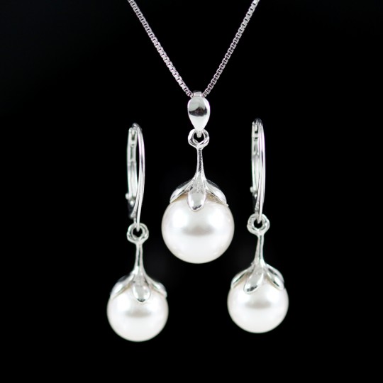 Set Princess cu perle Swarovski White, cercei, pandantiv, lant, argint 925 rodiat