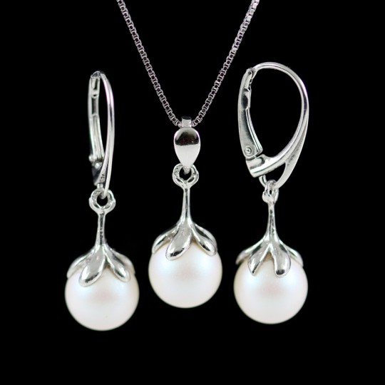 Set Princess cu perle Swarovski Pearlescent White, cercei, pandantiv, lant, argint 925 rodiat