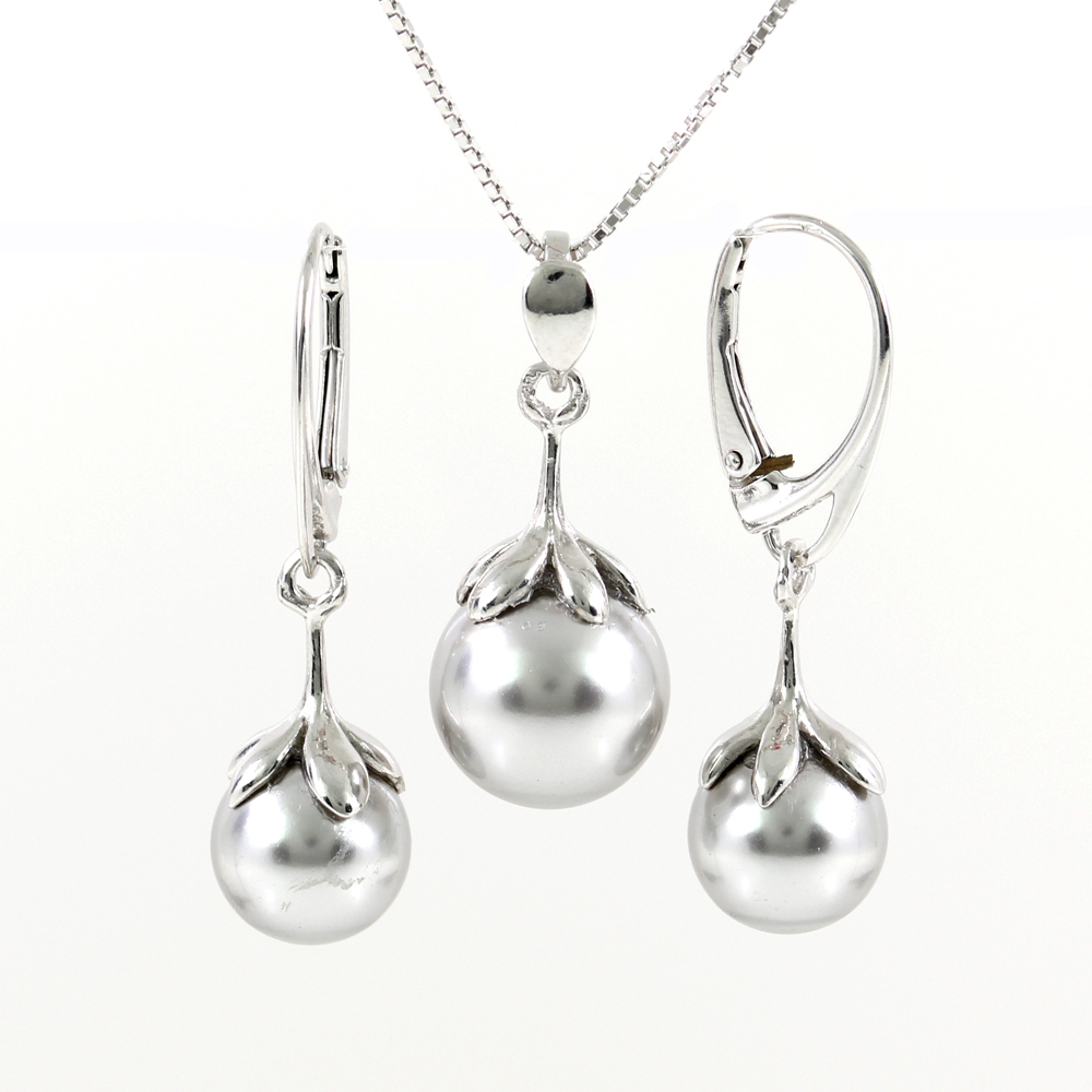 Set Princess cu perle Swarovski Light Grey, cercei, pandantiv, lant, argint 925 rodiat