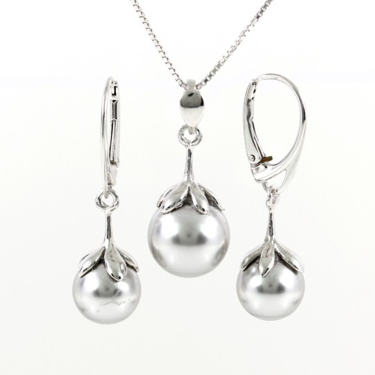 Set Princess cu perle Swarovski Light Grey, cercei, pandantiv, lant, argint 925 rodiat