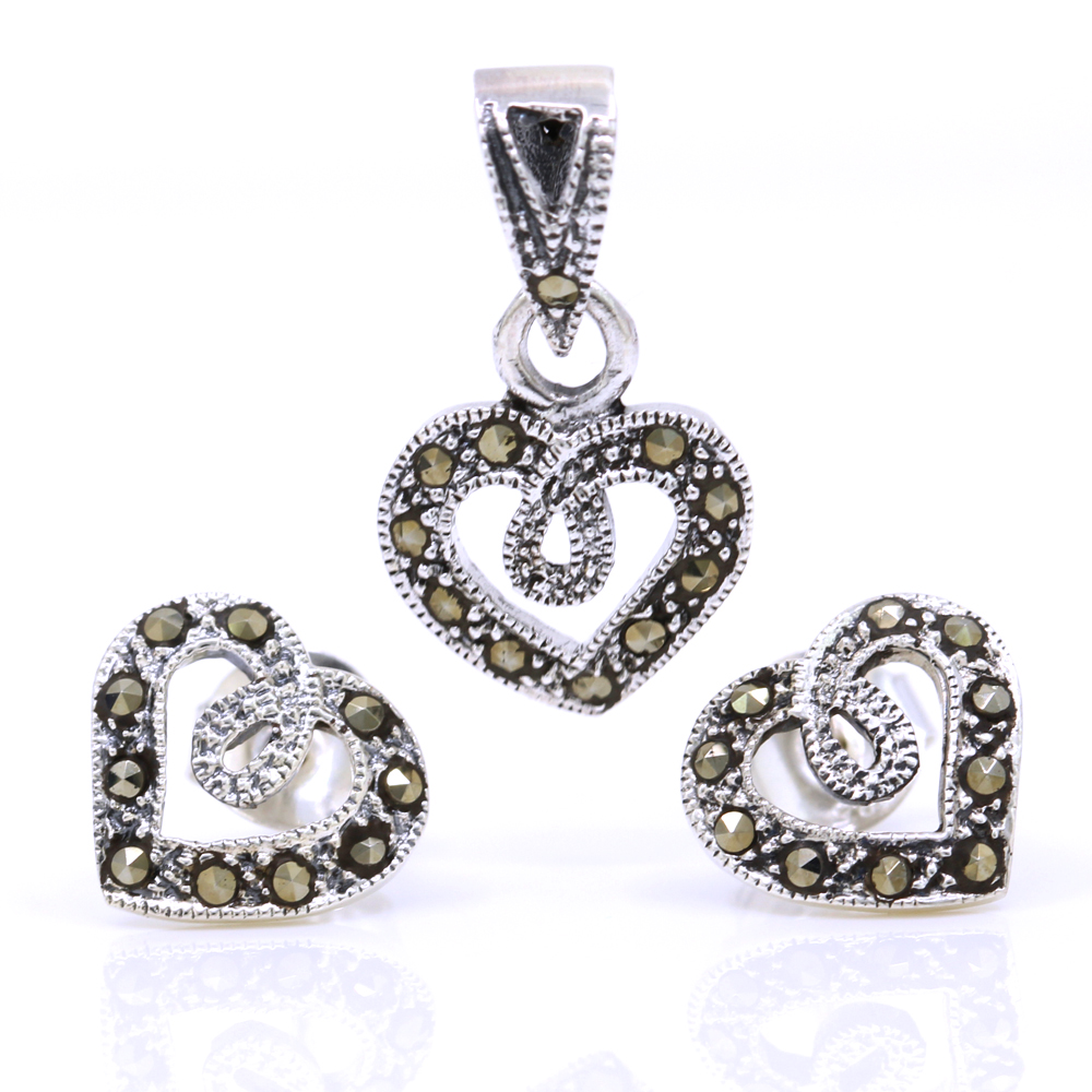 Set Inima cu marcasite, cercei, pandantiv, argint 925