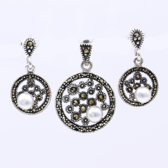 Set Disc cu marcasite, cercei, pandantiv, argint 925