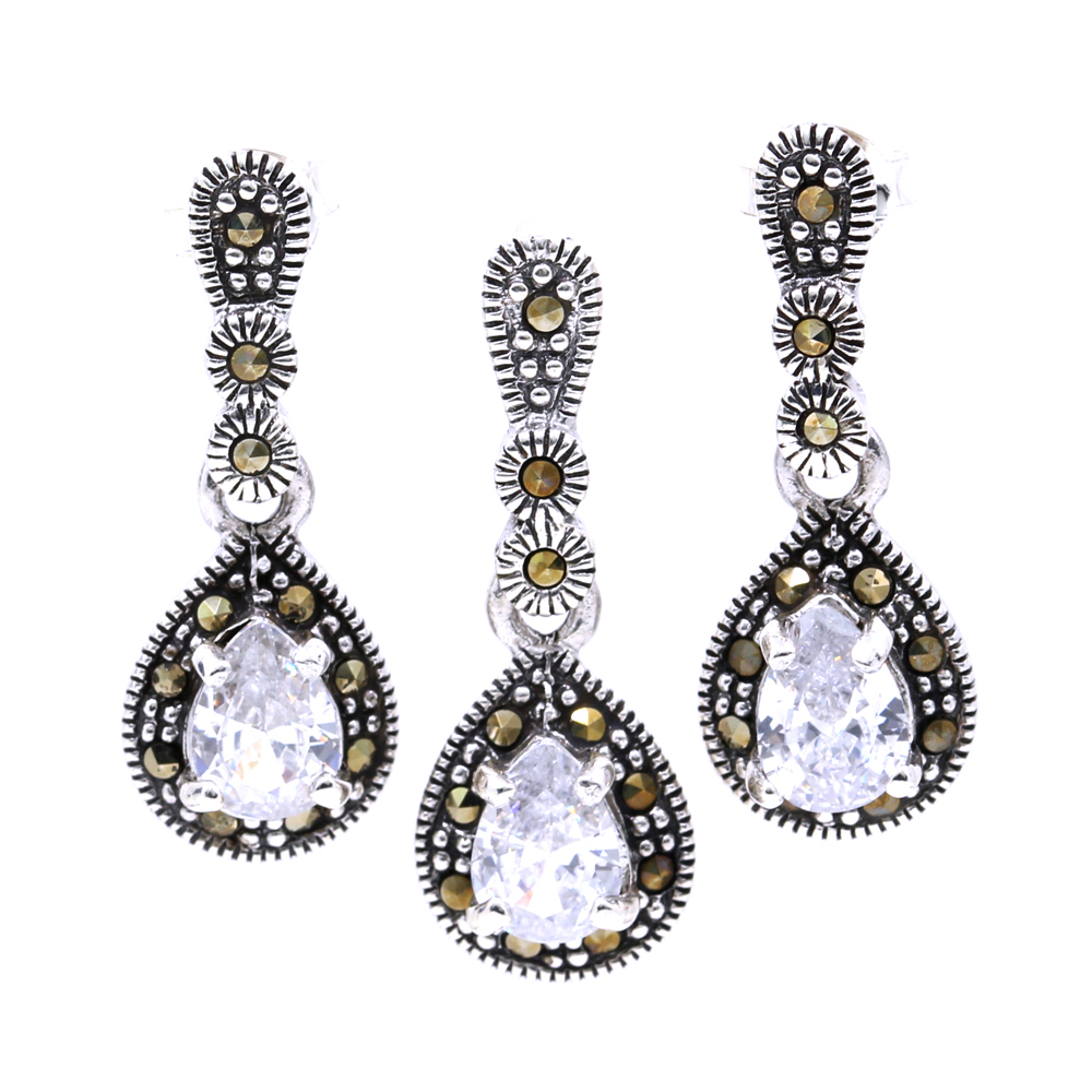 Set Picatura cu marcasite, cercei, pandantiv, argint 925, alb transparent
