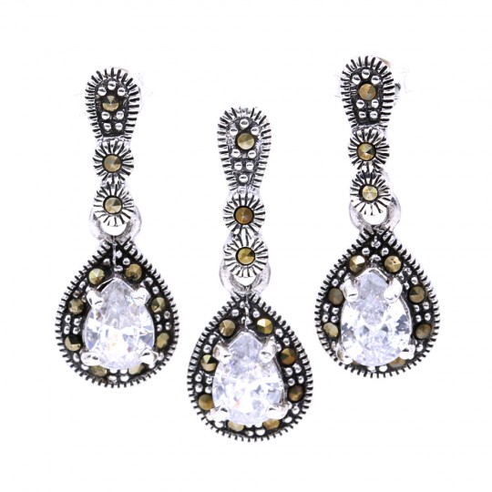 Set Picatura cu marcasite, cercei, pandantiv, argint 925, alb transparent